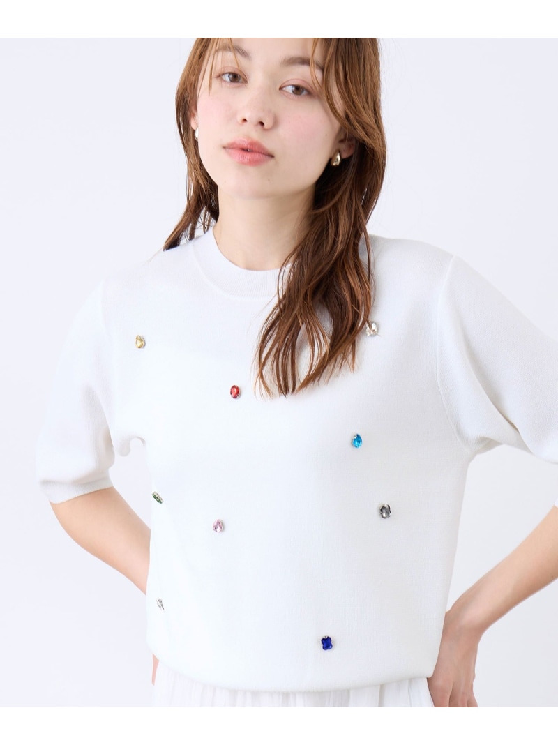 カラービジューハーフスリーブニット QUEENS COURT クイーンズコート トップス ニット ホワイト ブラック【送料無料】[ Fashion]