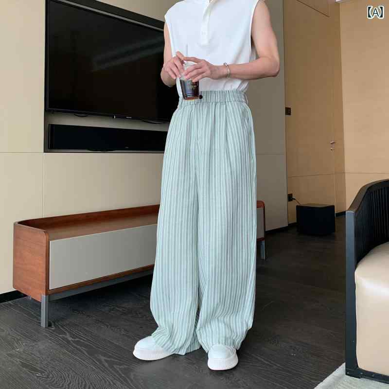 メンズ ファッション 春夏 秋冬 かっこいい オシャレ モテ 男性用 紳士服 服 韓国 シンプル 大人 薄手 ブルー ストライプ カジュアル パンツ ゆったり ストレート パンツ 綿 伸縮性 ウエスト ワイド レッグ パンツ｜ジャズミーオーダーメイド