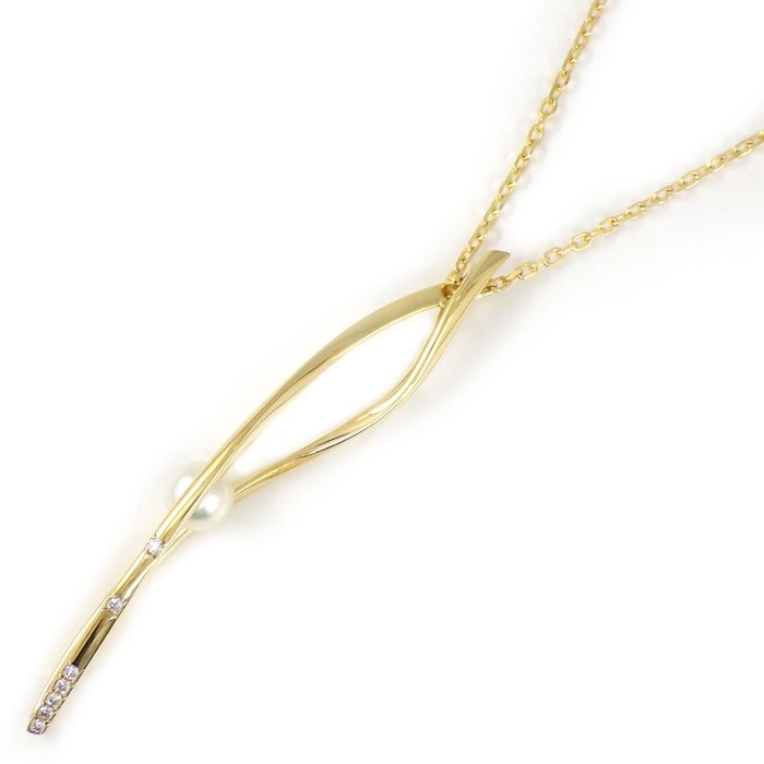 【15日限定★ポイント3倍】 ミキモト MIKIMOTO ネックレス ウェーブ ダイヤモンド あこやパール 5.5mm珠 K18YG 【中古】