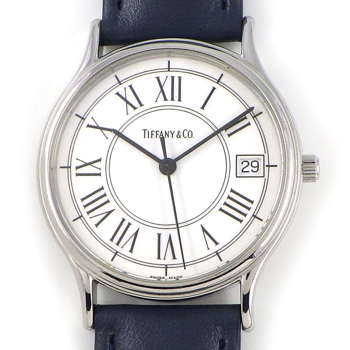 ティファニー Tiffany & Co. 腕時計 ローマンクラシック ホワイト文字盤 デイト ネイビー 革ベルト SS クオーツアナログ