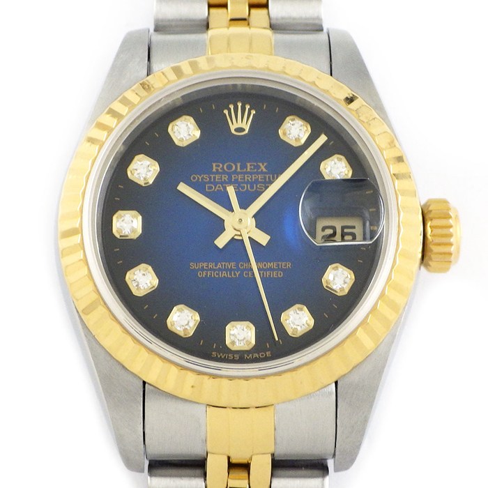 【最大3万円OFFクーポン配布中】 ロレックス Rolex 腕時計 デイトジャスト 79173G K番 2001年製 10ポイント ダイヤインデックス ブルーグラデーション文字盤 デイト K18YG SS 自動巻き 【箱・保付き】 【中古】
