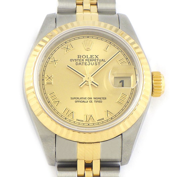 【15日限定★ポイント3倍】 ロレックス Rolex 腕時計 デイトジャスト 79173 Y番 2002年製 サンレイ シャンパンゴールド文字盤 ローマンインデックス デイト K18YG SS 自動巻き 【箱・保付き】 【中古】