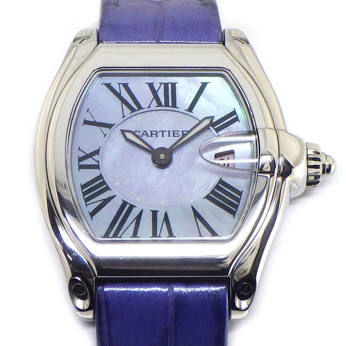 【20日限定★ポイント3倍】 カルティエ Cartier 腕時計 ロードスターSM W6206007 2008年 クリスマス 限定モデル パープルシェル文字盤 ローマンインデックス デイト アリゲーターレザーベルト SS クオーツアナログ 【中古】