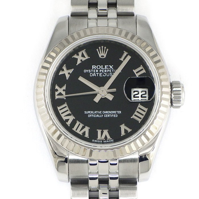 ロレックス Rolex 腕時計 デイトジャスト 179174 G番 2010年製 ブラック文字盤 ルーレット刻印 ローマンインデックス デイト K18WG SS 自動巻き 【OH済み】 【中古】|ジェイビーワークス 店