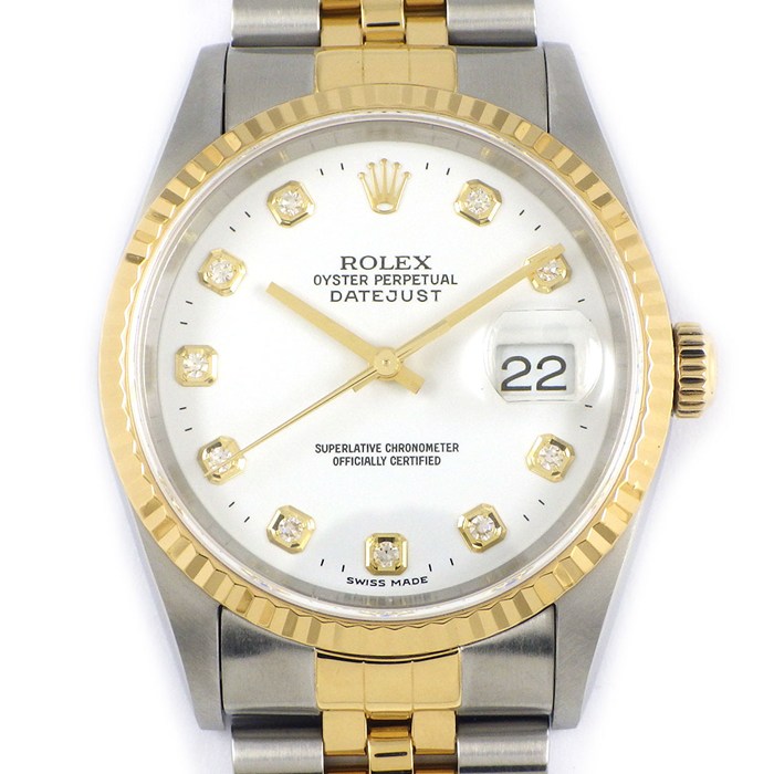 ロレックス Rolex 腕時計 デイトジャスト 16233G P番 2000年製 10ポイント ダイヤインデックス ホワイト文字盤 デイト K18YG SS 自動巻き 【箱・保付き】 【中古】｜ジェイビーワークス　店 550,000円
