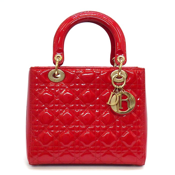 【20日限定★ポイント3倍】 ディオール Dior ハンドバッグ/ショルダーバッグ レディディオール ミディアム レッド パテントレザー ゴールド金具 【中古】