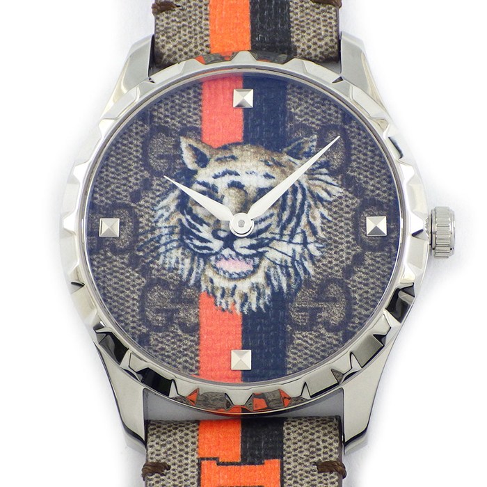 【20日限定★ポイント3倍】 グッチ GUCCI 腕時計 Gタイムレス 126.4 タイガー ベージュ GGスプリーム ファブリック文字盤 ファブリック/レザーベルト SS クオーツアナログ 【中古】