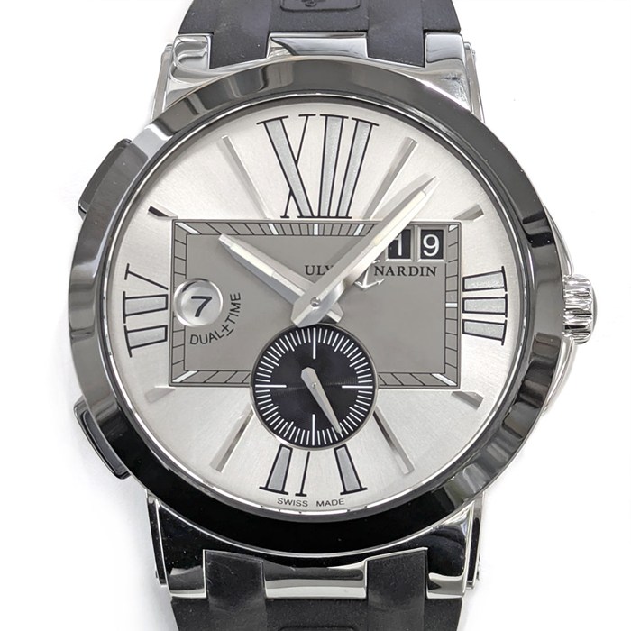 ユリス・ナルダン ULYSSE NARDIN 腕時計 エグゼクティブ デュアルタイム 243-00 デイト スモールセコンド 裏スケ シルバー/グレー/ブラック文字盤 SS セラミック ラバー 自動巻き 【箱・保付き】 【中古】
