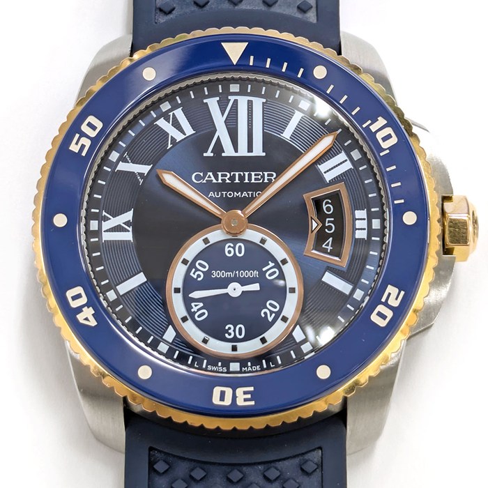 カルティエ Cartier 腕時計 カリブル ダイバー W2CA0008 デイト スモールセコンド 夜光インデックス 夜光針 ローマンインデックス サンレイ ブルー文字盤 SS K18PG ブルーラバーベルト 自動巻き 【中古】