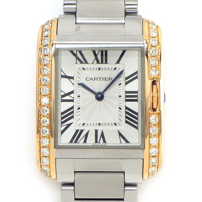 【15日限定★ポイント3倍】 カルティエ Cartier 腕時計 タンクアグレース MM W3TA0003 レクタンギュラー ローマンインデックス ダイヤベゼル シルバーギョーシェ文字盤 K18PG SS クオーツアナログ 【中古】 462,000円