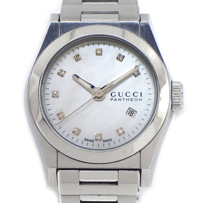 【20日限定★ポイント3倍】 グッチ GUCCI 腕時計 パンテオン 115.5 10ポイント ダイヤインデックス ホワイトシェル文字盤 デイト SS クオーツアナログ 【中古】