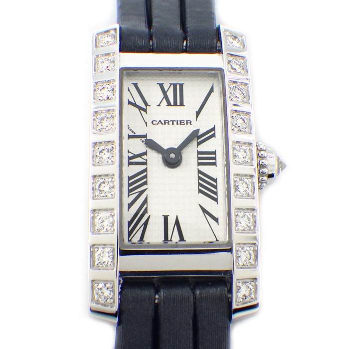 【最大3万円OFFクーポン配布中】 カルティエ Cartier 腕時計 タンクアロンジェ ラニエール WJ2003W3 ダイヤベゼル/リュウズ ローマンインデックス レクタンギュラー シルバー文字盤 ブラック 牛革ベルト K18WG クオーツアナログ