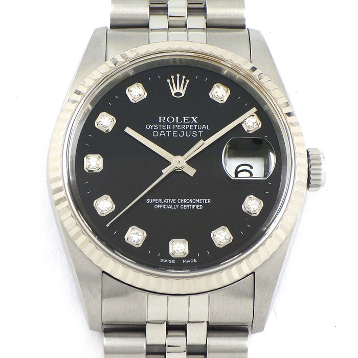 【最大3万円OFFクーポン配布中】 ロレックス Rolex 腕時計 デイトジャスト 16234G P番 2000年製 10ポイント ダイヤインデックス ブラック文字盤 フルーテッドベゼル ジュビリーブレス K18WG SS 自動巻き 【OH済み】 【箱・保付き】 【中古】