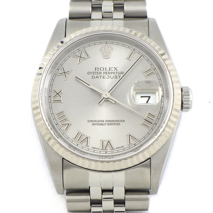 【最大3万円OFFクーポン配布中】 ロレックス Rolex 腕時計 デイトジャスト 16234 Y番 2002年製 ローマンインデックス サンレイ シルバー文字盤 フルーテッドベゼル ジュビリーブレス K18WG SS 自動巻き 【OH済み】 【箱・保付き】 【中古】