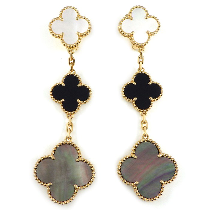 【10日限定★ポイント3倍】 ヴァンクリーフ＆アーペル Van Cleef & Arpels ピアス マジックアルハンブラ 3モチーフ VCARD79000 スウィング ドロップ オニキス ホワイト/グレー シェル K18YG 【箱・保付き】 【中古】 1,870,000円