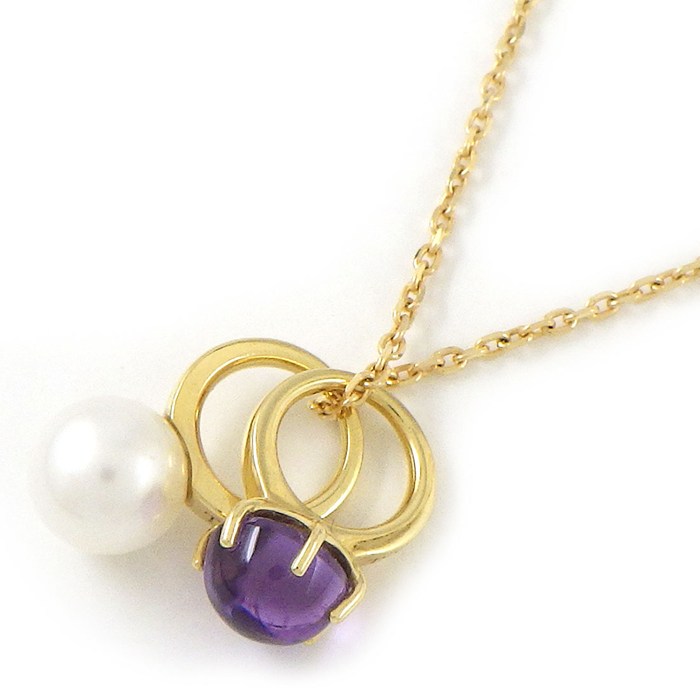 【20日限定★ポイント3倍】 タサキ 田崎真珠 TASAKI ネックレス 2モチーフ ベビーリング パール 5.5mm珠 アメジスト K18YG 【中古】