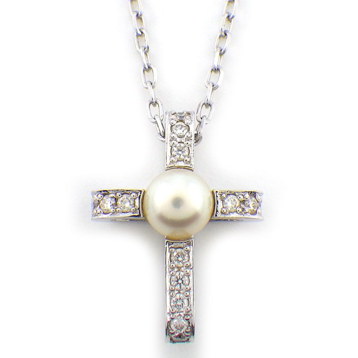 【20日限定★ポイント3倍】 ミキモト MIKIMOTO ネックレス クロス 1ポイント パール 4.5mm珠 ダイヤモンド K18WG 【中古】