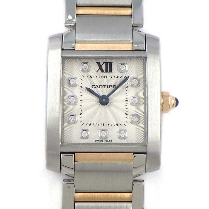 カルティエ Cartier 腕時計 タンク フランセーズ SM WE110004 11ポイント ダイヤインデックス スクエア ギョーシェ シルバー文字盤 K18PG SS クオーツアナログ 【中古】|ジェイビーワークス 店
