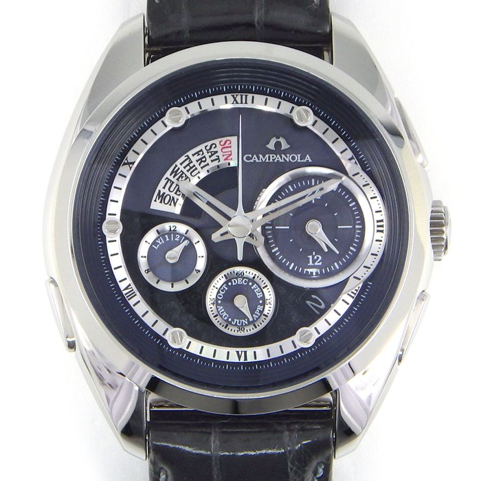 シチズン CITIZEN 腕時計 カンパノラ 黒橡 BZ0030-08E/G910-T019935 黒漆 ブラック文字盤 トリプルカレンダー クロノグラフ エコドライブ クロコダイルレザーベルト ソーラー SS 【箱・保付き】 【中古】