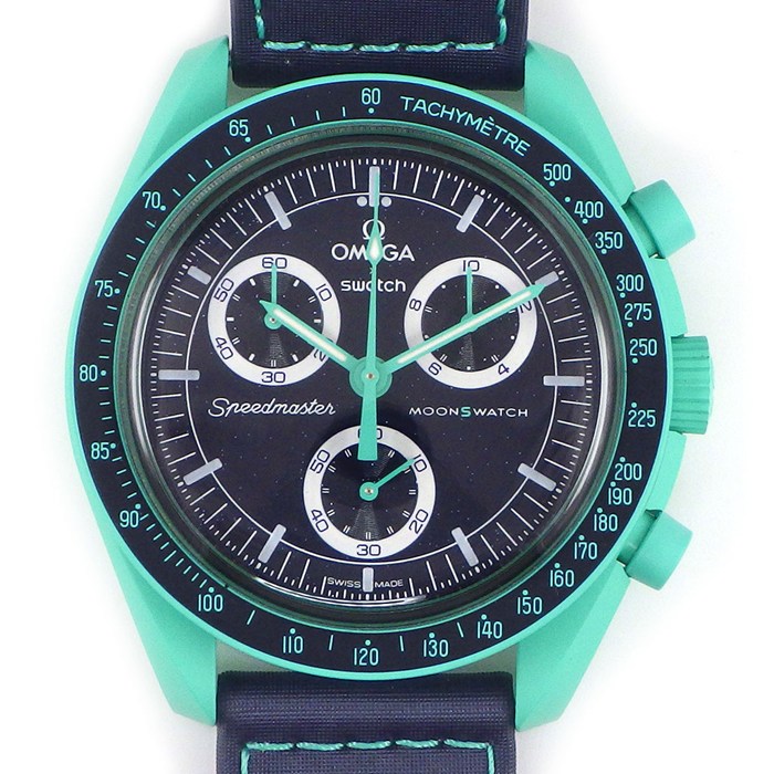 スウォッチ×オメガ Swatch×OMEGA 腕時計 ムーンスウォッチコレクション ミッション オン アース ポーラライツ S033L103 クロノグラフ タキメーター ダークブルー文字盤 ターコイズバイオセラミック ブルーベルクロストラップ クオーツアナログ 【箱・保付き】 【中古】