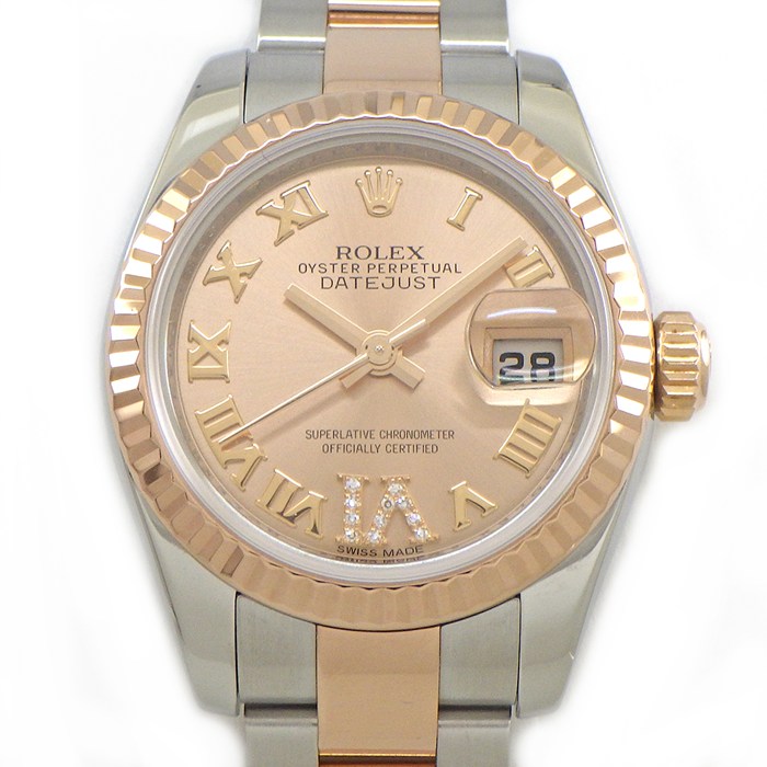 ロレックス Rolex 腕時計 デイトジャスト 179171 デイト ルーレット刻印 サンレイ ピンク文字盤 VIダイヤモンド ローマンインデックス K18PG SS 自動巻き 【中古】｜ジェイビーワークス　店