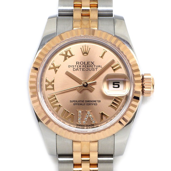 ロレックス Rolex 腕時計 デイトジャスト 179171 ルーレット刻印 ランダムシリアル サンレイ ピンク文字盤 VIダイヤ ローマンインデックス デイト K18PG SS 自動巻き 【箱・保付き】 【中古】|ジェイビーワークス 店