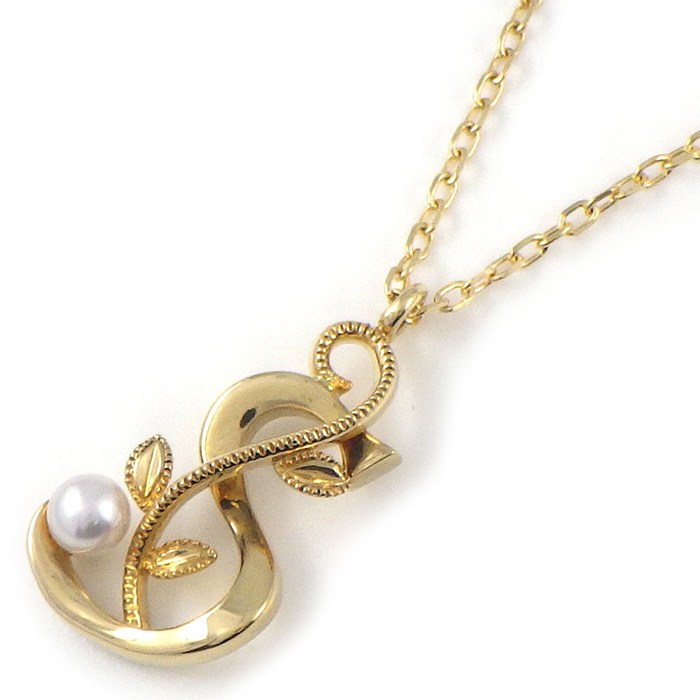 ミキモト MIKIMOTO ネックレス イニシャル S リーフ パール 3mm珠 K18YG 【中古】|ジェイビーワークス 店