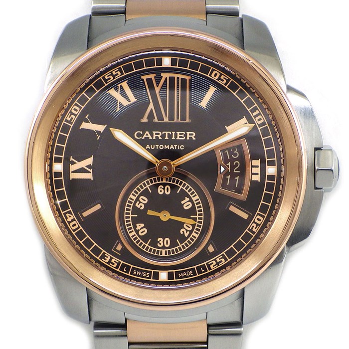 カルティエ Cartier 腕時計 カリブル W7100050 ブラウン文字盤 ローマンインデックス デイト 夜光針/インデックス スモールセコンド 裏スケ K18PG SS 自動巻き 【中古】|ジェイビーワークス 店