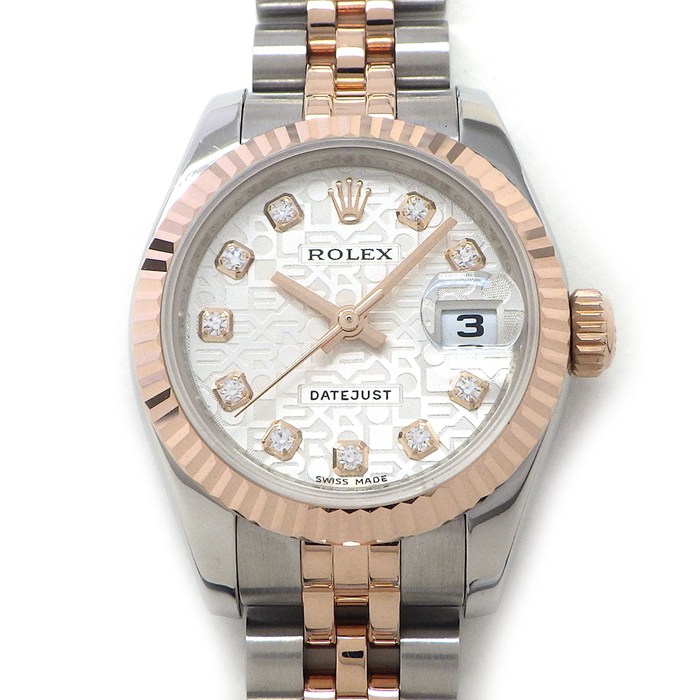 ロレックス Rolex 腕時計 デイトジャスト 179171G G番 2010年 ルーレット刻印 10ポイント ダイヤインデックス シルバーコンピューター文字盤 デイト エバーローズゴールド SS 自動巻き 【箱・保付き】 【中古】｜ジェイビーワークス　店 660,000円