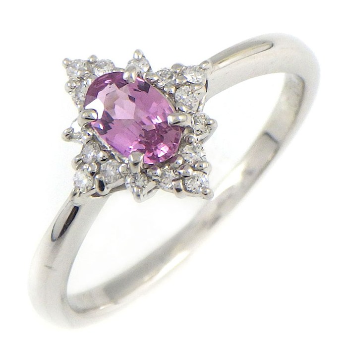 【サファイア ダイヤモンド】 リング オーバルカット オレンジピンク サファイア 0.298ct サイド ダイヤモンド 0.070ct PT950 8.5号 【中古】｜ジェイビーワークス　店