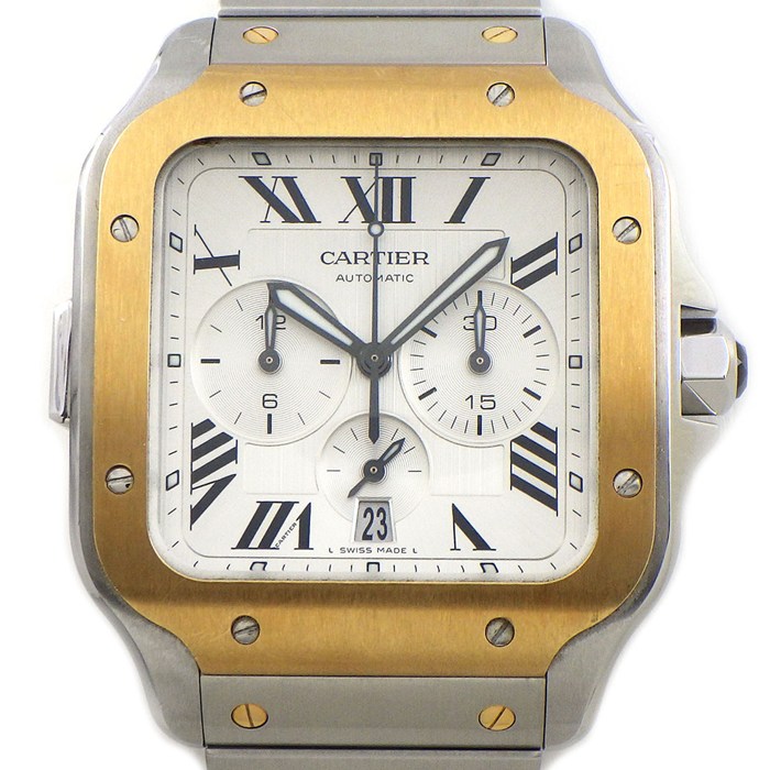 【25日限定★最大3万円OFF＆P3倍★】 カルティエ Cartier 腕時計 サントス XL W2SA0008 スクエア シルバー文字盤 ローマンインデックス デイト クロノグラフ 夜光針 夜光インデックス スモールセコンド K18YG SS 自動巻き 【箱・保付き】 【中古】｜ジェイビーワークス　店 748,000円
