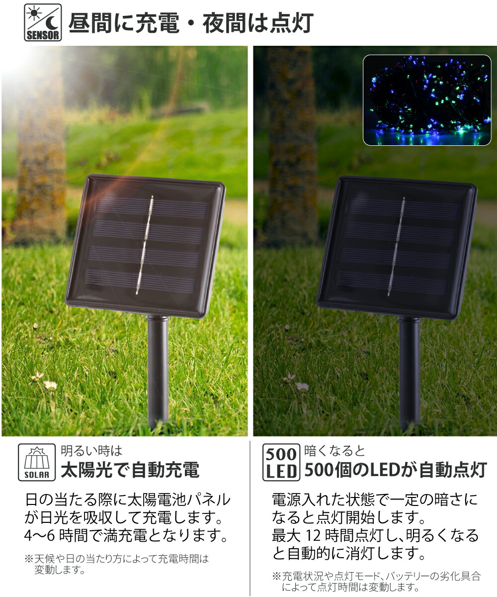 LEDソーラーイルミネーションストレートLED500球長さ50m全4色屋外用防水大容量バッテリーソーラー充電式ストリングライトおしゃれイルミネーションライトクリスマスハロウィンツリー飾り付けガーデン玄関防滴