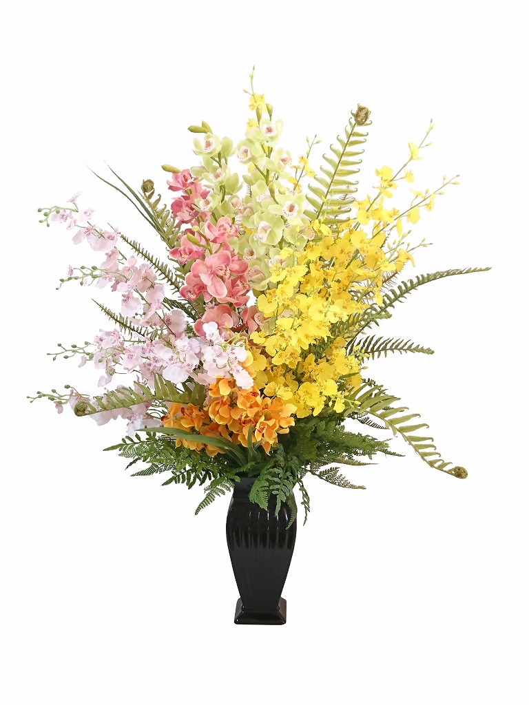 【華シリーズ】豪華な蘭尽くしのアレンジメント　胡蝶蘭　蘭　デンファレ　フェイクフラワー　高級造花　アーティフィシャルフラワーお祝い　新築　開業祝い　お洒落　豪華　華やか　お勧め　モダン｜J.Dコーポレーション