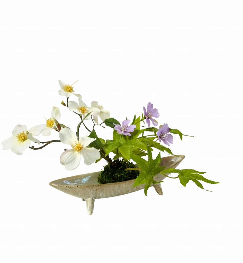 【華シリーズ】ハナミズキ苔玉　花みずきとカエデ　ギフト上品　和モダン　盆栽風　和風インテリア　和風アレンジメント　フェイクフラワー　ギフト