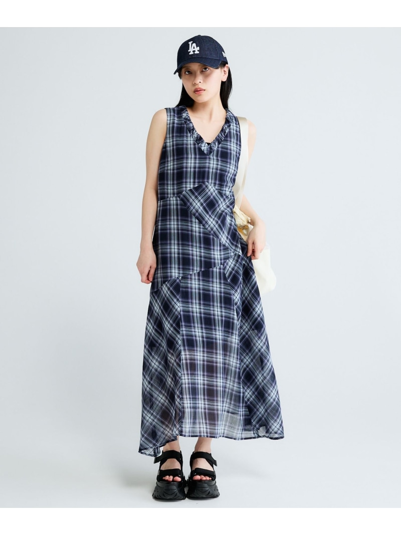 Vネックチェックワンピース JEANASIS ジーナシス ワンピース・ドレス ワンピース レッド ネイビー【先行予約】*【送料無料】[ Fashion] 7,227円
