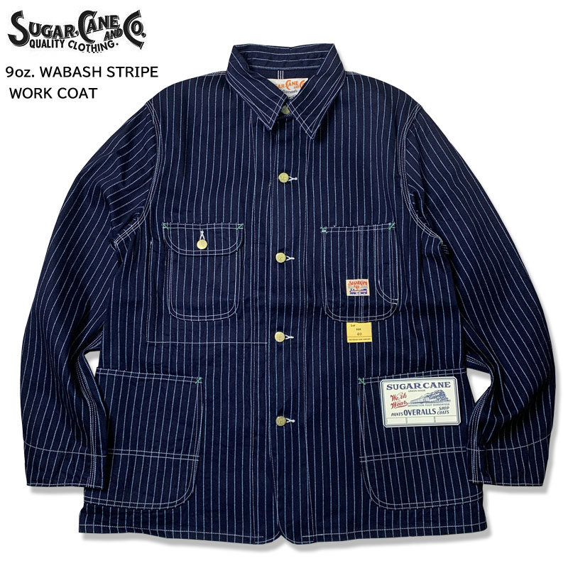 SUGAR CANE シュガーケーン SC15658 9oz. WABASH STRIPE WORK COAT ワークコート ウォバッシュワークコート ワバッシュ ストライプ　ネイビー　コート カジュアル　オシャレ アウター 秋 冬 春 上着 丈夫 大学生 社会人 シニア