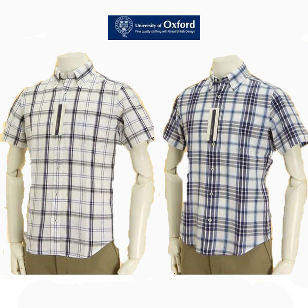 University of oxford & Chambray 63158 ユニバーシティー オブ オックスフォード ボタンダウン チェックシャツ スタンダード 爽やか 夏シャツ 半袖 麻混 綿78% 麻22%