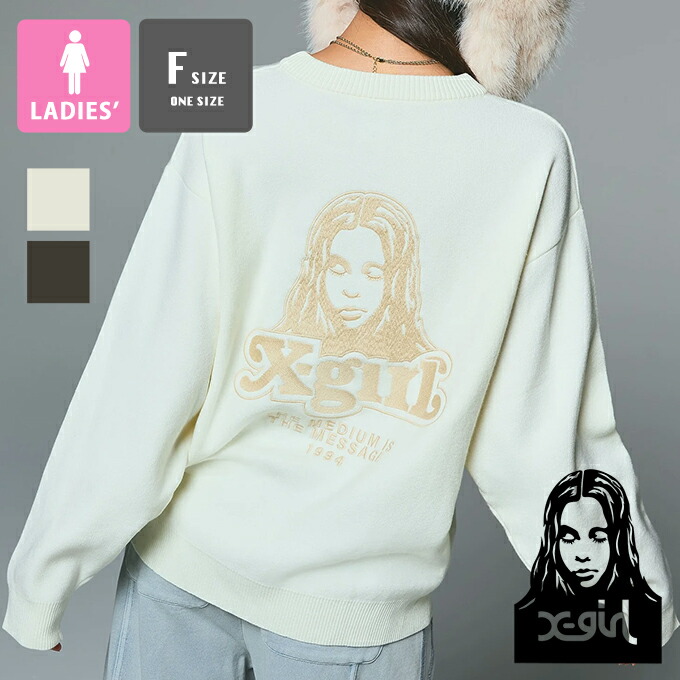 【 X-girl エックスガール 】 FACE EMBROIDERY KNIT TOP フェイス エンブロイダリー　ニット トップ 105254015002 / x-girl エックスガール ニット セーター クルーネック フェイス ロゴ ワンポイント ストリート カジュアル 2025AW｜ジーンズステーション