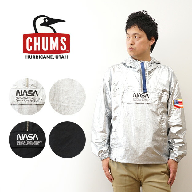 CHUMS（チャムス） NASA スペース フーディ ジャケット アノラック ハーフジップ フード付き パーカー メンズ レディース 大きいサイズ オーバーサイズ M L XL アメカジ アウトドア キャンプ 登山 宇宙 おしゃれ かわいい ブービーバード ペンギン 黒 シルバー 【CH04-1454】