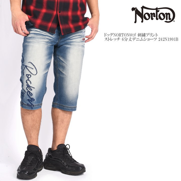 ノートン NORTON ショートパンツ(ハーフパンツ) ドッグNORTONロゴ 刺繍プリント ストレッチ 6分丈デニムショーツ 242N1901B-077INDIGO