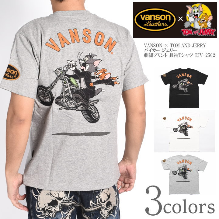 バンソン VANSON × TOM AND JERRY トムとジェリー コラボ Tシャツ バイカー トム＆ジェリー 刺繍プリント 半袖Tシャツ TJV-2511