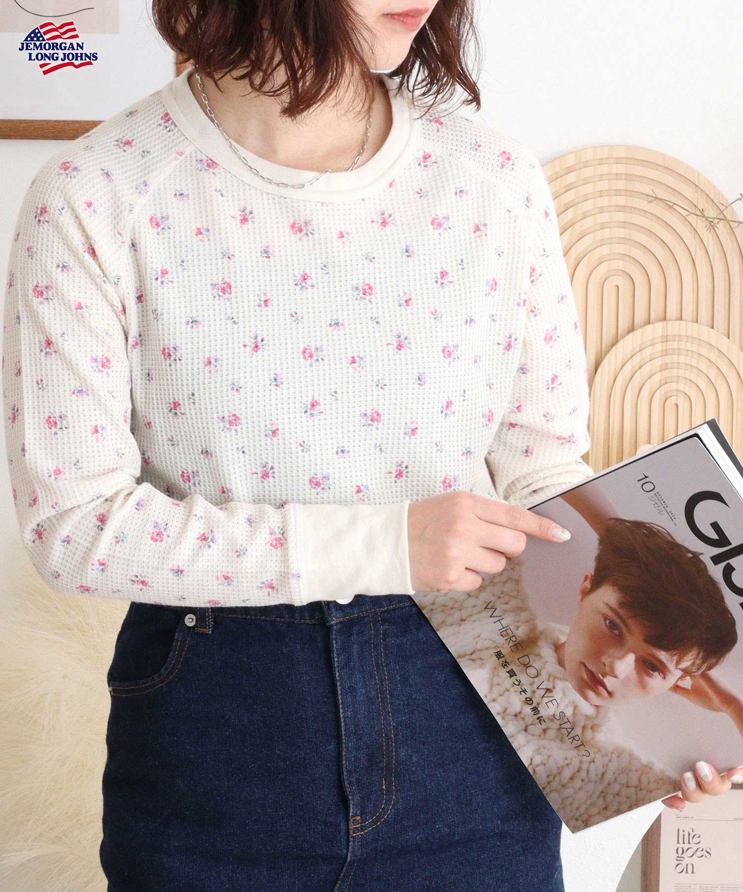 JEMORGAN LONG JHONS ジェーイーモーガン ワッフル花柄ラグラン長袖T 