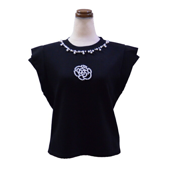 カメリアモチーフフレンチスリーブＴシャツ（ブラック）