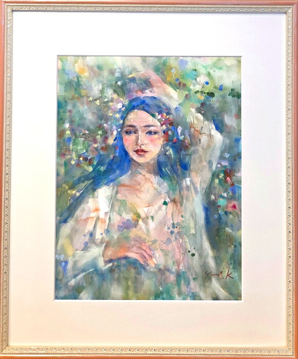 絵画　原画　「幸せの青い庭」　水彩/パステル　F6　アンティークピンク&times;シルバー　額付　お部屋に飾る絵　贈答品　Yumi Kohnoura　神之浦由美　人物画　女神　美人画【現品限り】｜ＪＥＳＵＳ　ＹＵＭＭＹ