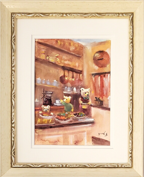 絵画　「クマ達のシャンブルドット」　水彩/パステル　原画　静物画　風景画　アンティーク　ホワイト&times;シルバー　フレーム　ヨーロピアンインテリア　額縁　Yumi Kohnoura　神之浦由美　フランス　シャンパーニュ　風景　テディベア【現品限り】｜ＪＥＳＵＳ　ＹＵＭＭＹ 28,386円