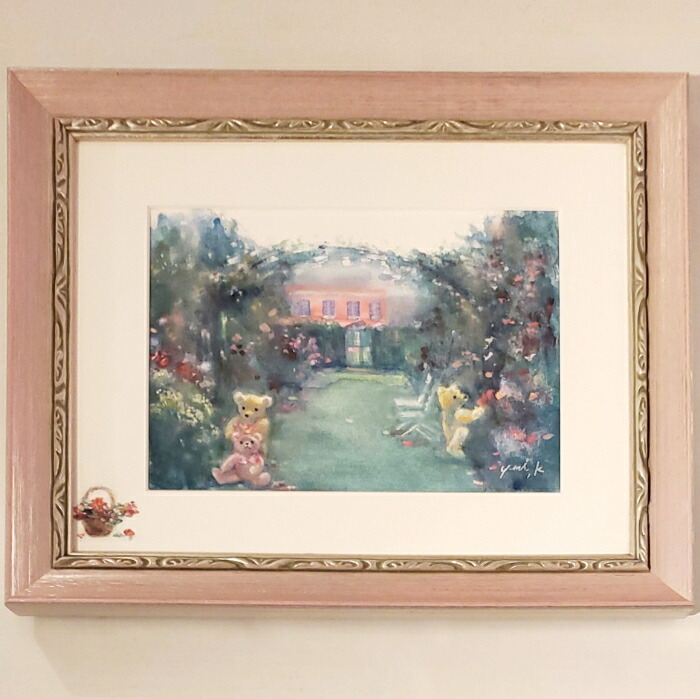 絵画　「クマ達のル・ジャルダン・スクレ」　水彩/パステル　原画　静物画　風景画　お部屋に飾る絵　絵　アンティーク　ピンク&times;シルバー　フレーム　ヨーロピアンインテリア　額縁　Yumi Kohnoura　神之浦由美　フランス　ガーデン　庭　テディベア　【現品限り】｜ＪＥＳＵＳ　ＹＵＭＭＹ 28,386円