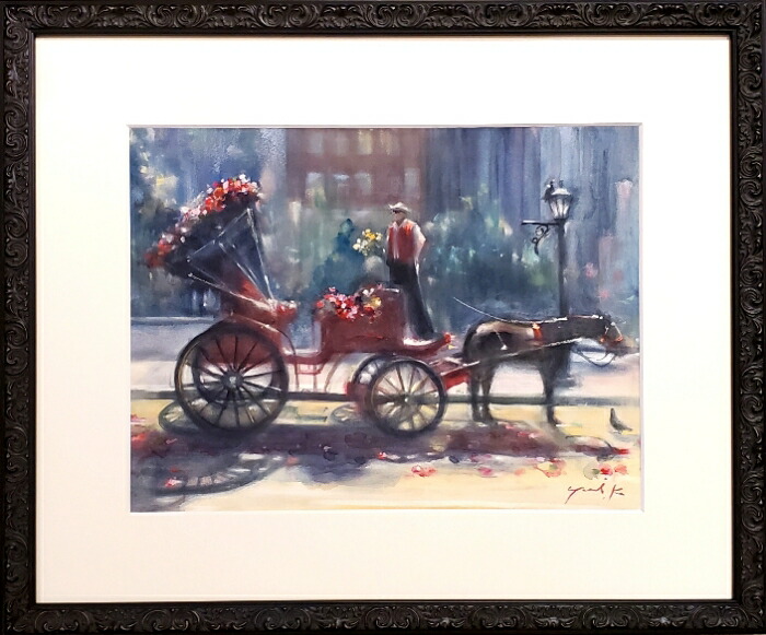 絵画 原画 「プリンセスが乗る馬車」 水彩/パステル F6 アンティークブラック 木製額付き お部屋に飾る絵 Yumi Kohnoura 神之浦由美 ニューヨーク セントラルパーク 風景画 馬車 花【現品限り】|JESUS YUMMY