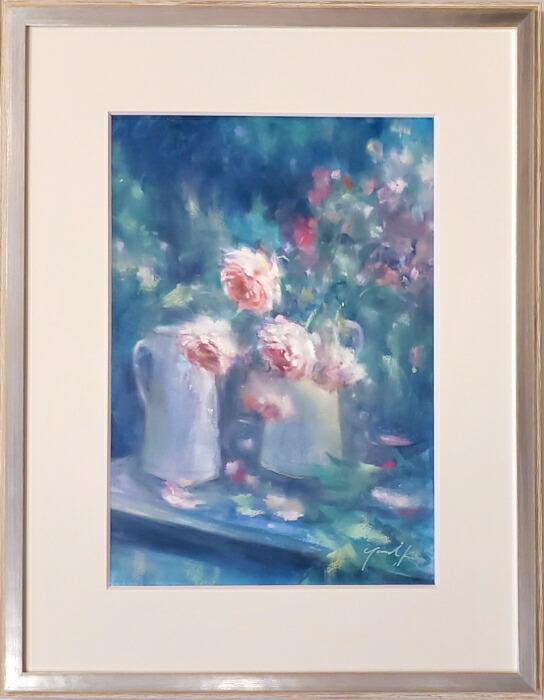 花の絵画 F4サイズ 黒フレームソフトパステル水彩　パステル画インテリアアート 花の絵画 F4サイズ 黒フレームソフトパステル水彩 パステル画