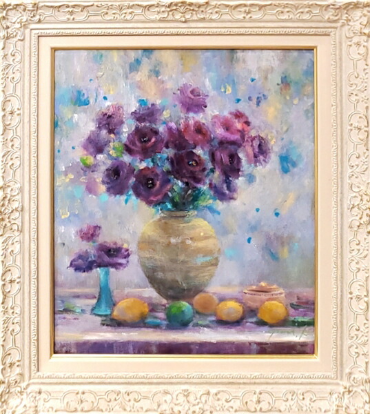 楽天市場】【作家名】青柳キミ子【作品名】サイネリア 花 絵画 油絵