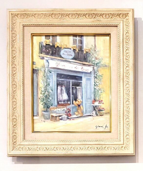 絵画　「クマ達のアトリエ」　油彩　F3　原画　静物画　風景画　絵　お部屋に飾る絵　アンティーク　ホワイト　額付き　ヨーロピアンインテリア　Yumi Kohnoura　神之浦由美　フランス　コートダジュール　ヴァンス　南仏　テディベア　【現品限り】